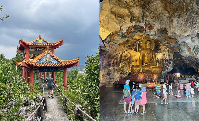 Two-image collage showing (left) a traditional archway along the stone pathway leading up Perak Cave Temple, and (right) the cavernous interior featuring Buddhist statues and wall murals.