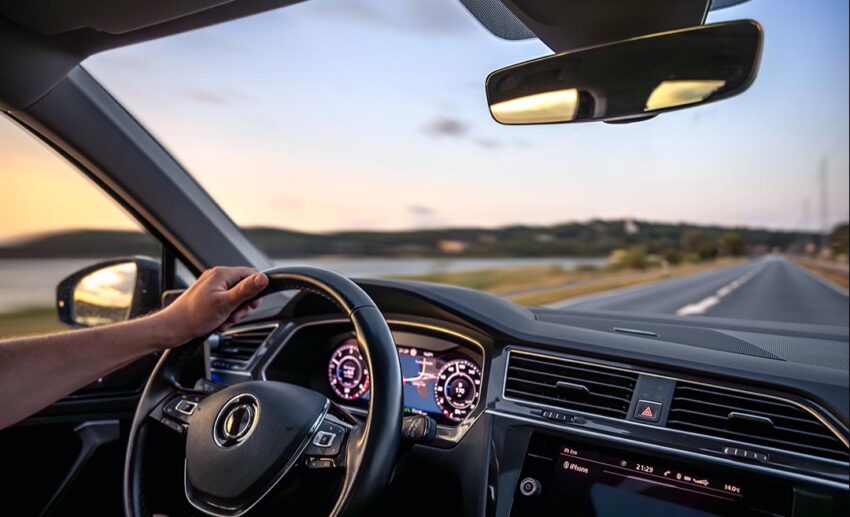 A driver's hand on a car steering wheel along an open highway during a warm sunset drive.