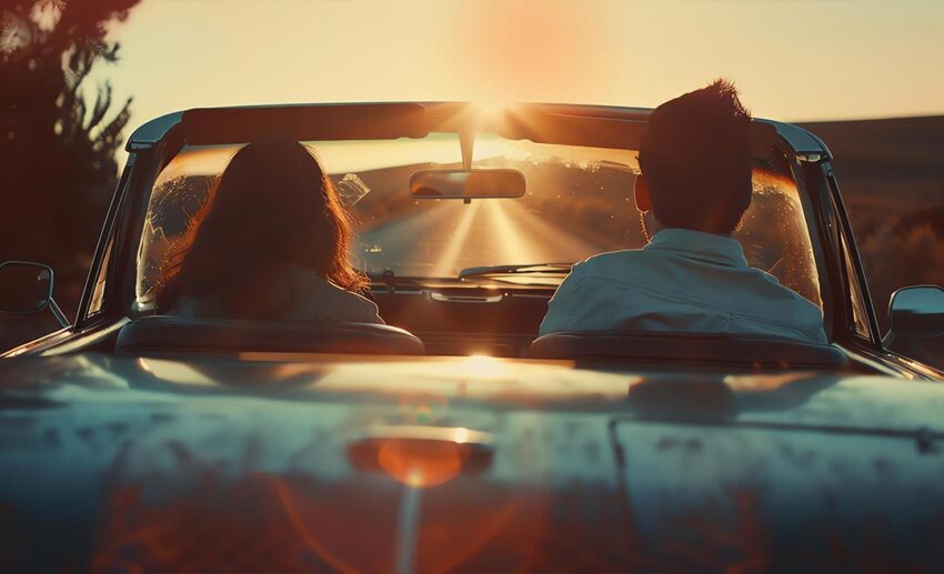 A young couple enjoying a golden-hour sunset drive in a convertible car, smiling and wearing casual clothes.