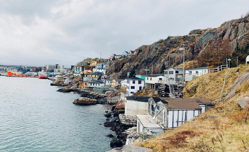 Coastal houses and waterfront landscape near the North Head Trail in St. John’s, Newfoundland and Labrador, Canada.