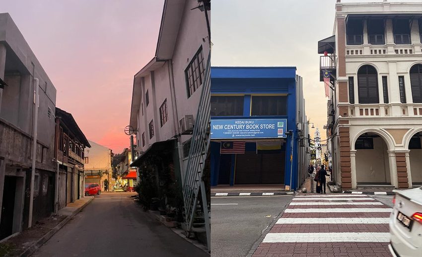 Two-image collage showing quiet alleyways, historic shophouse architecture, and street scenes captured during walks through Ipoh.