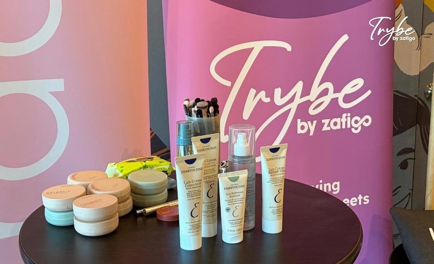 Arrangement of Embryolisse skincare products and Wardah cosmetic palettes displayed for the masterclass demonstration.