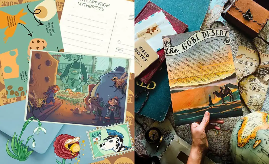 Two-image collage featuring illustrated stationery, story letters, maps, and art prints from the Mythbridge Fantasy Mail Club and Letters From Afar subscription clubs.