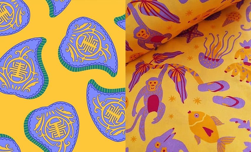 A two-image collage showing Santan Studio prints inspired by traditional kuih angku on the left and sunlit beach days with daughters on the right.