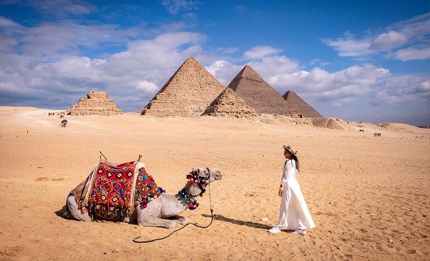 A female traveller standing in the desert looking at a resting camel with the Great Pyramids of Giza in Cairo, Egypt, in the background.