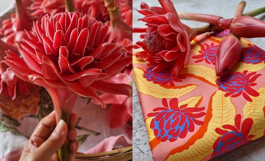 A two-image collage showing a fresh pink bunga kantan (torch ginger) flower on the left and Santan Studio’s resulting botanical textile design on the right.