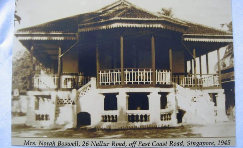 Historical black-and-white photograph of the Boswell family house on Jalan Nallur (Nallur Road) in Singapore, taken circa 1945.