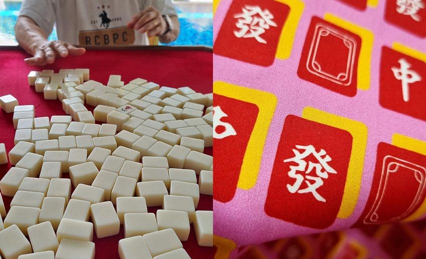 A two-image collage featuring a traditional set of mahjong tiles on a table on the left and Santan Studio’s grid-based mahjong textile pattern on the right.