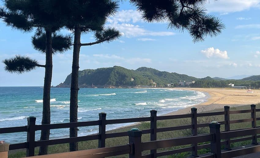 Soft sandy beaches and gentle waves along the scenic east coast cycling route in Sokcho.