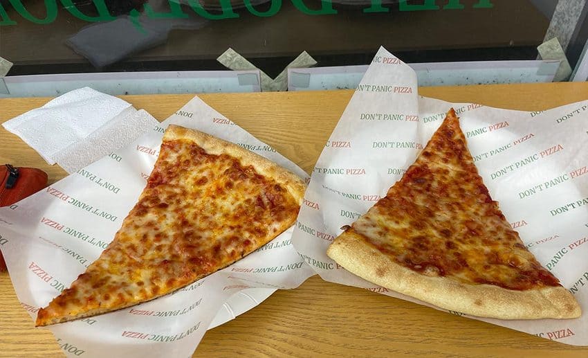 A two-image collage showing a slice of pizza from 'Don't Panic Pizza' on the left and a fresh local seafood spread in Sokcho on the right.