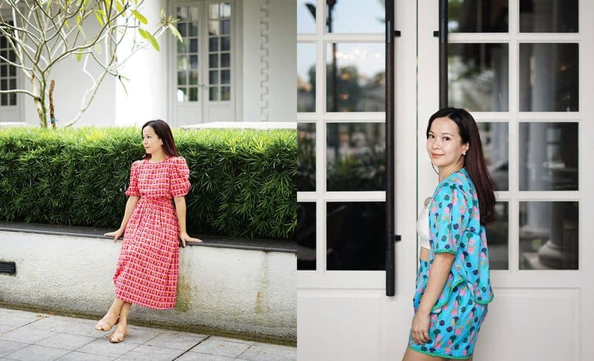 A two-image collage showing Stefanie Sim wearing garments from the Permai and Rooted collections, highlighting personal chapters of motherhood and creative return.