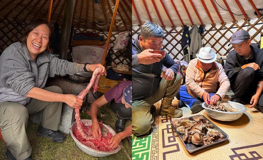 Collage displaying Lynette Yee smiling while washing livestock intestines outside on the left, and host family men seated inside the ger preparing for dinner on the right.