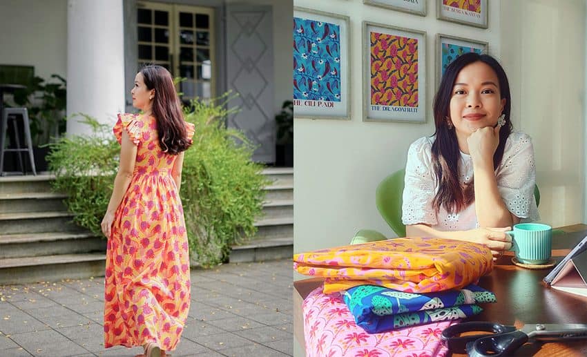A two-image collage featuring Stefanie Sim wearing a custom dress from her collection on the left, and working at her design desk surrounded by fabric stock on the right.