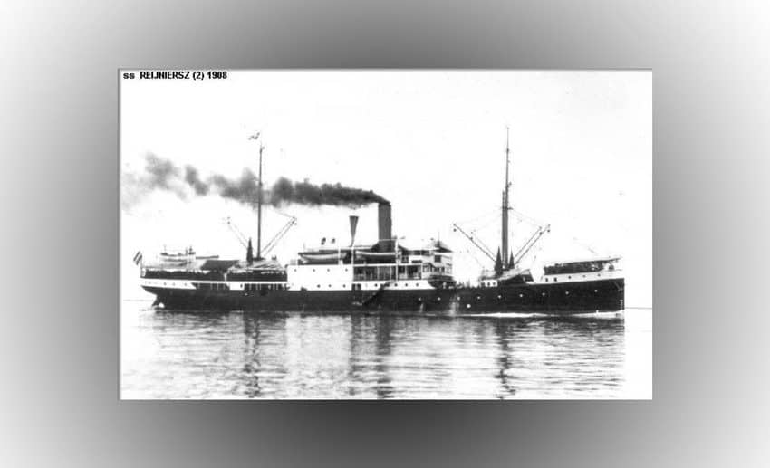 Historical black-and-white archival photograph of the evacuation ship HMS Giang Bee at sea before its sinking in WWII.
