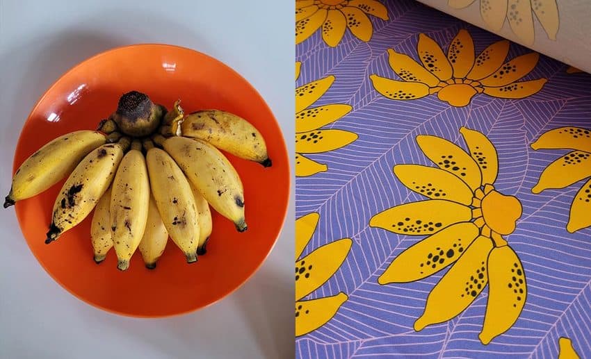 A two-image collage featuring a bunch of spotted bananas on the left and Santan Studio's playful yellow banana textile print on the right.
