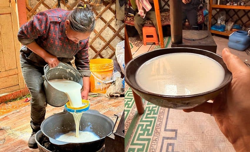 Collage showing Lynette Yee operating a traditional ger distillation setup for arkhi on the left, and a ceramic bowl filled with clear milk spirit on the right.