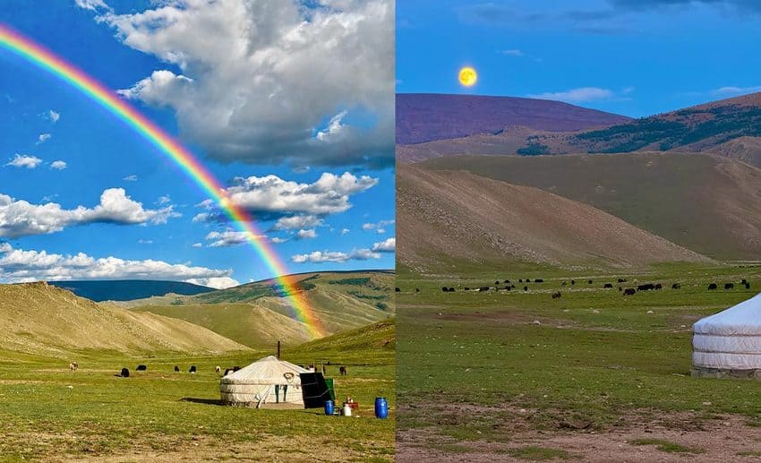 Two landscape photos showing a double rainbow arching over a traditional ger camp on the left, and a bright evening sky with a full moon setting over the mountains on the right.