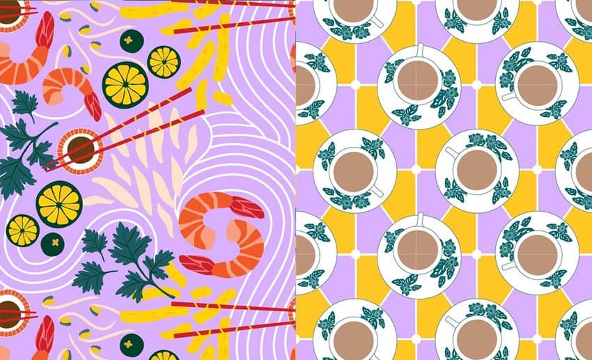 A two-image collage displaying Santan Studio’s digital surface pattern designs for Sarawak laksa on the left and traditional kopitiam coffee on the right.